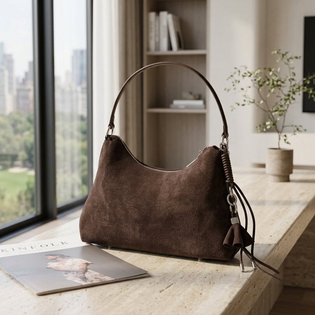Sac porté épaule asymétrique en nubuck, fermeture zip