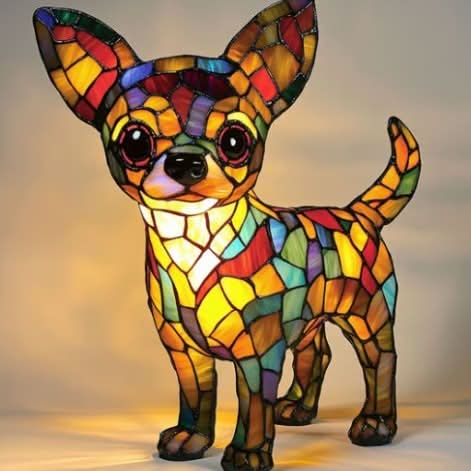 Lampe chien style vitrail, veilleuse LED en résine - Standing Chihuahua