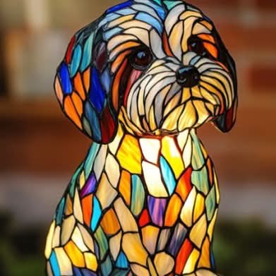Lampe chien style vitrail, veilleuse LED en résine - Marzus