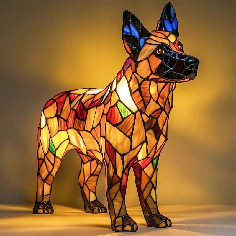 Lampe chien style vitrail, veilleuse LED en résine - German Shepherd