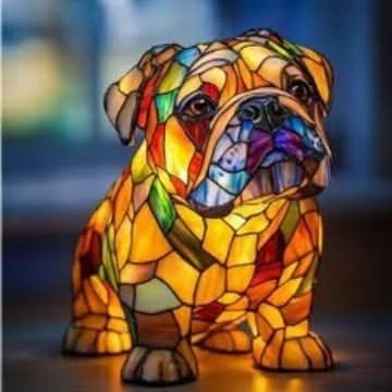 Lampe chien style vitrail, veilleuse LED en résine - Sitting Bulldog