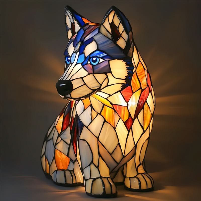 Lampe chien style vitrail, veilleuse LED en résine - Husky