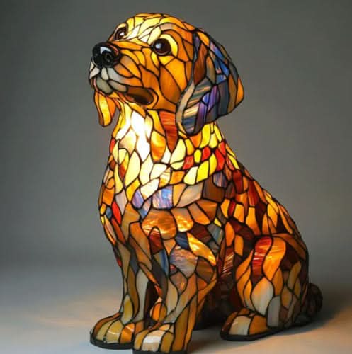 Lampe chien style vitrail, veilleuse LED en résine - Golden Retriever / Labrador Retriever