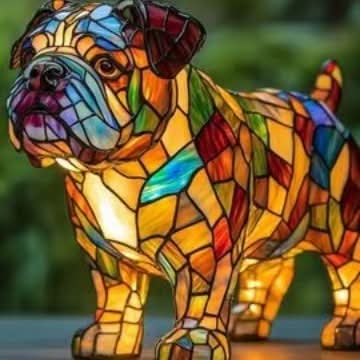 Lampe chien style vitrail, veilleuse LED en résine - Standing Bulldog