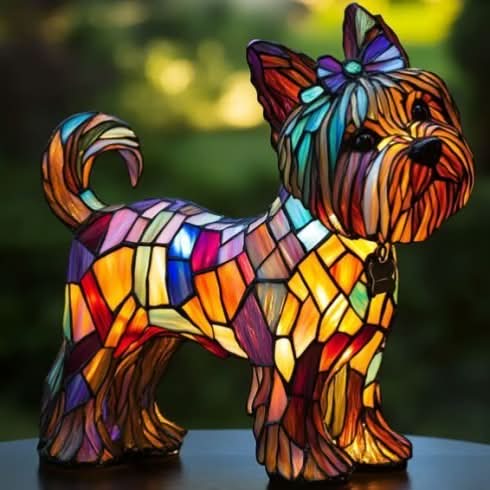 Lampe chien style vitrail, veilleuse LED en résine - Yorkshire Terrier Type A