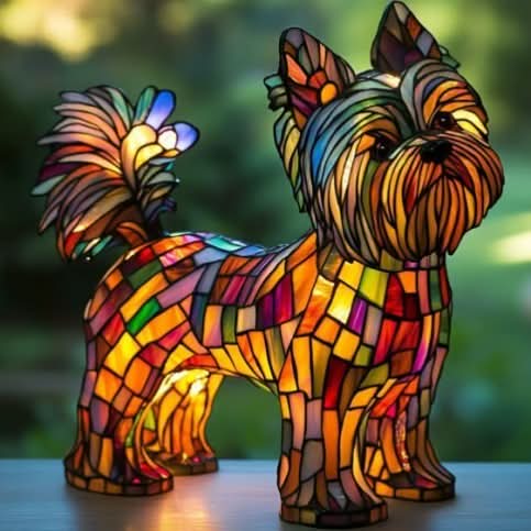 Lampe chien style vitrail, veilleuse LED en résine - Yorkshire Terrier Type B