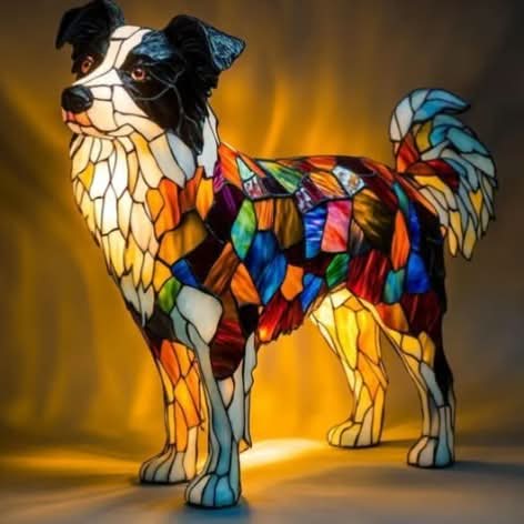 Lampe chien style vitrail, veilleuse LED en résine