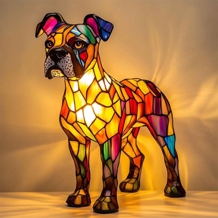 Lampe chien style vitrail, veilleuse LED en résine