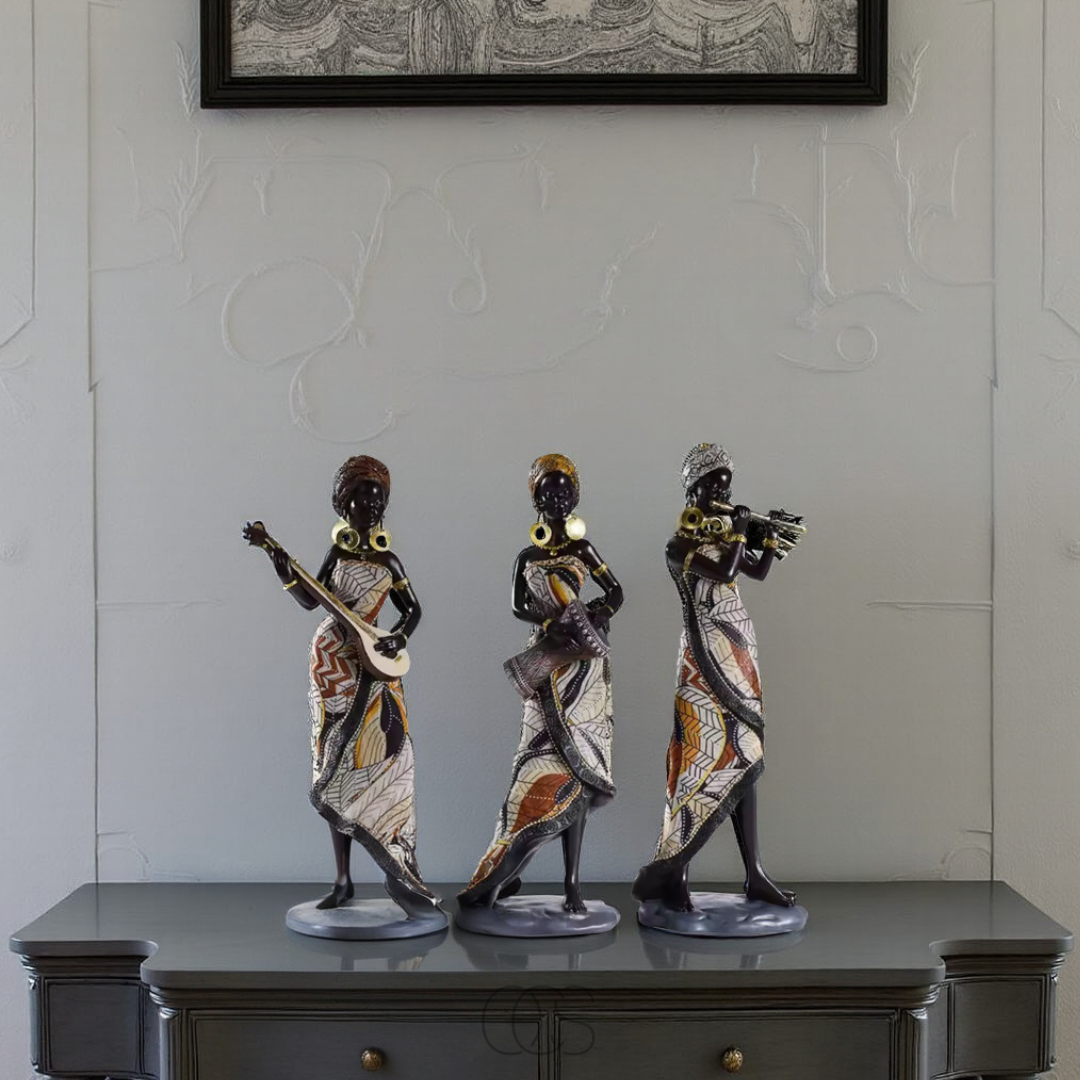 Resin African Woman Musician Statue Set – Set of 3