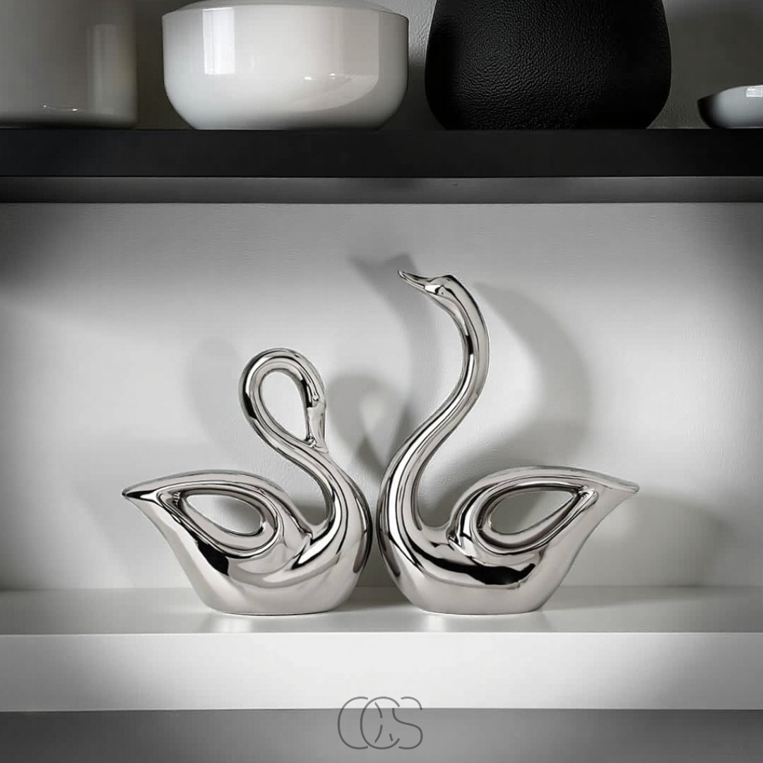 Sculpture Couple Cygnes Argentés – Décoration Symbolique