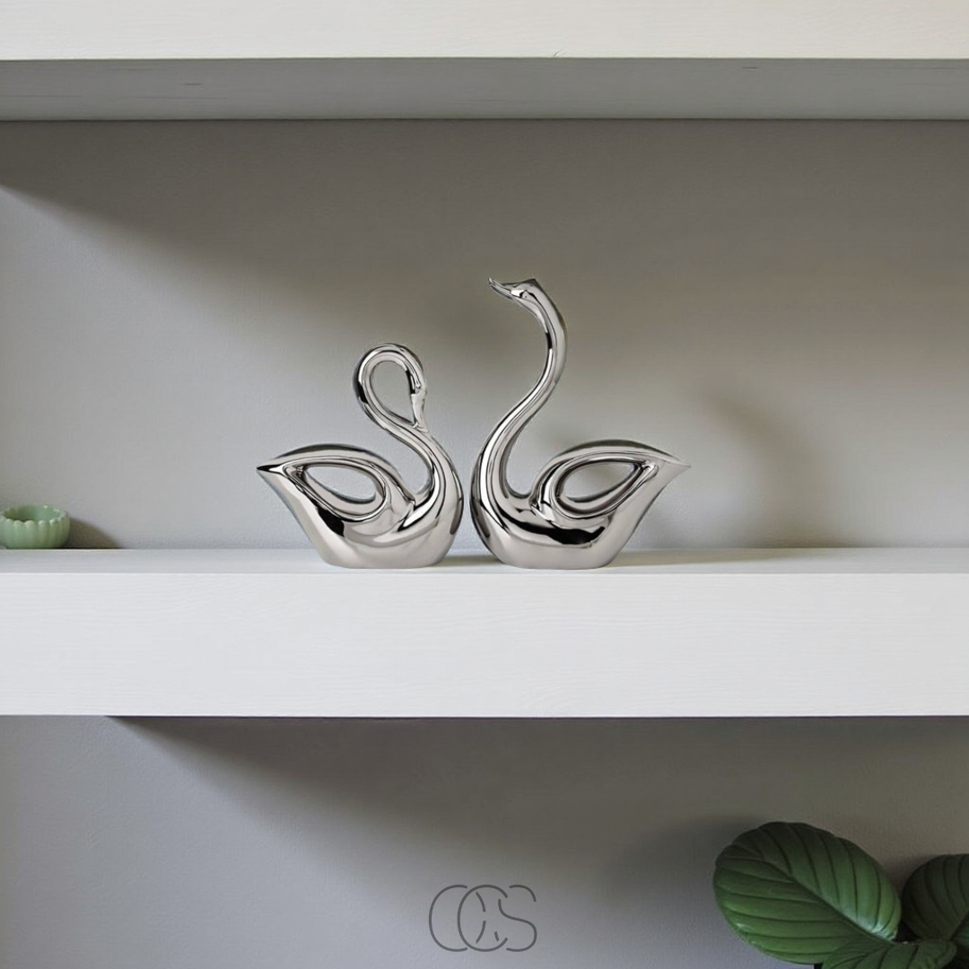 Sculpture Couple Cygnes Argentés – Décoration Symbolique