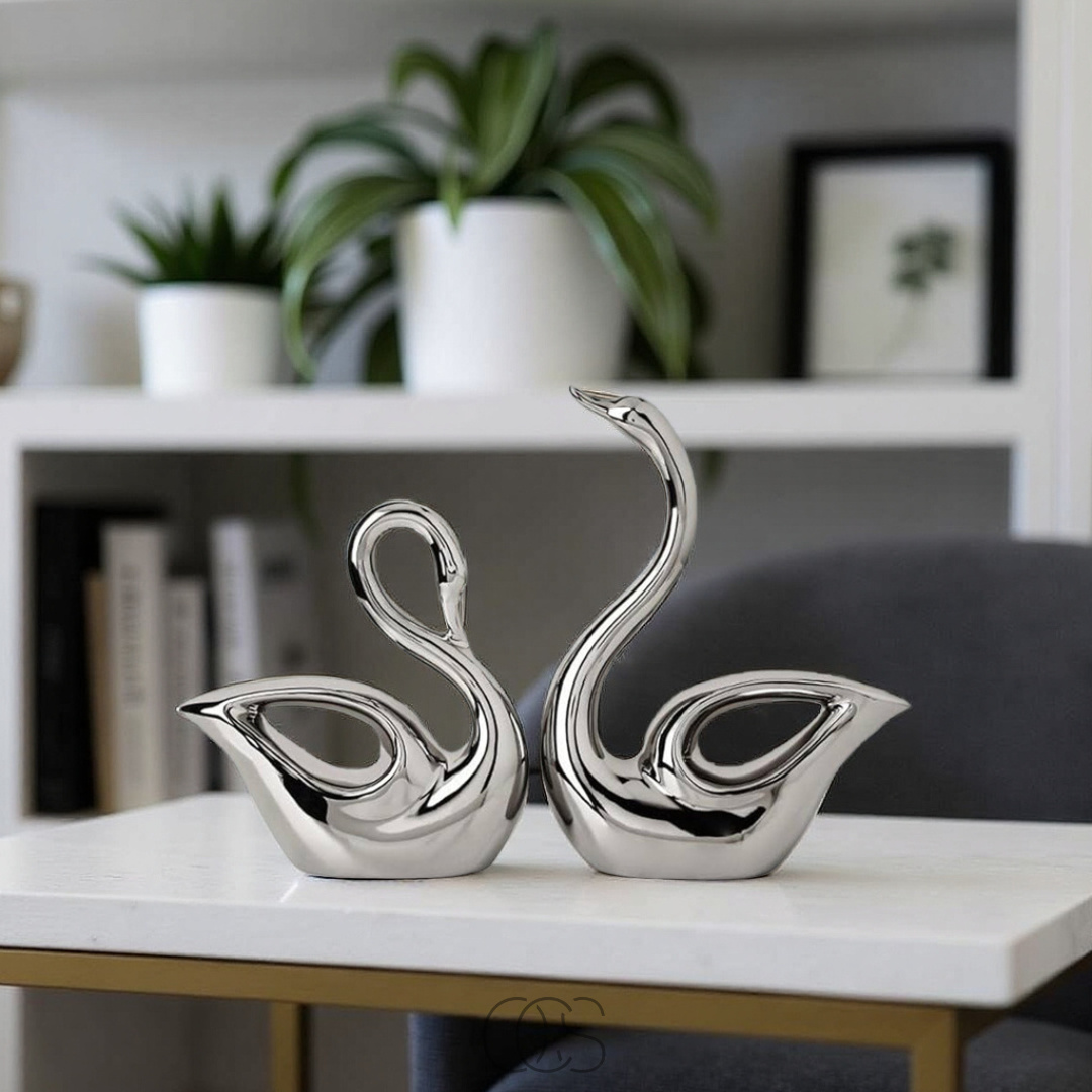 Sculpture Couple Cygnes Argentés – Décoration Symbolique