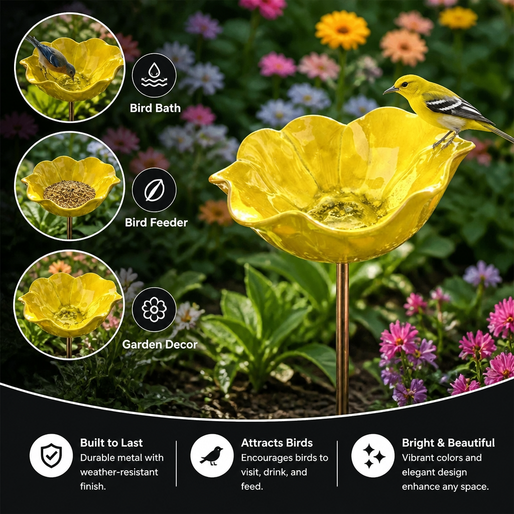 Decorative Flower Bird Bath and Feeder on Stake