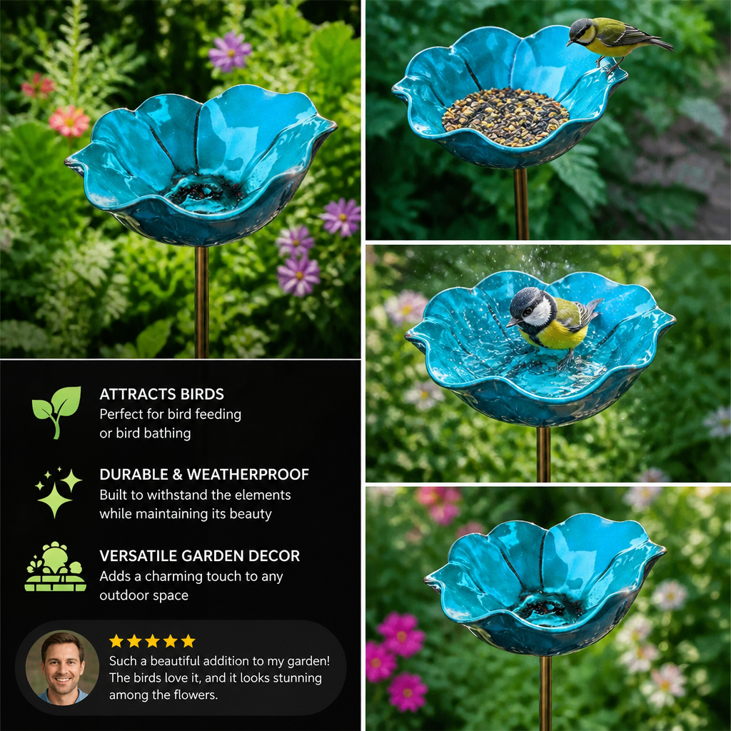 Decorative Flower Bird Bath and Feeder on Stake