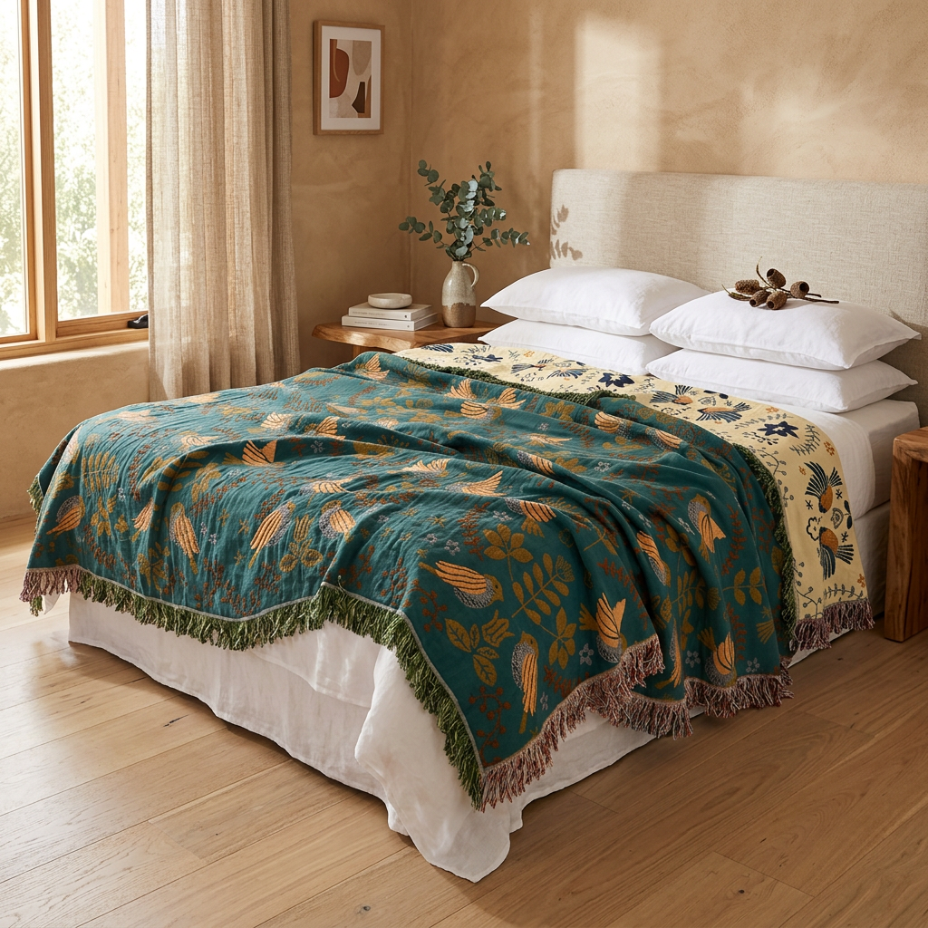 Embroidered Cotton Throw Blanket - Teal and Cream 1