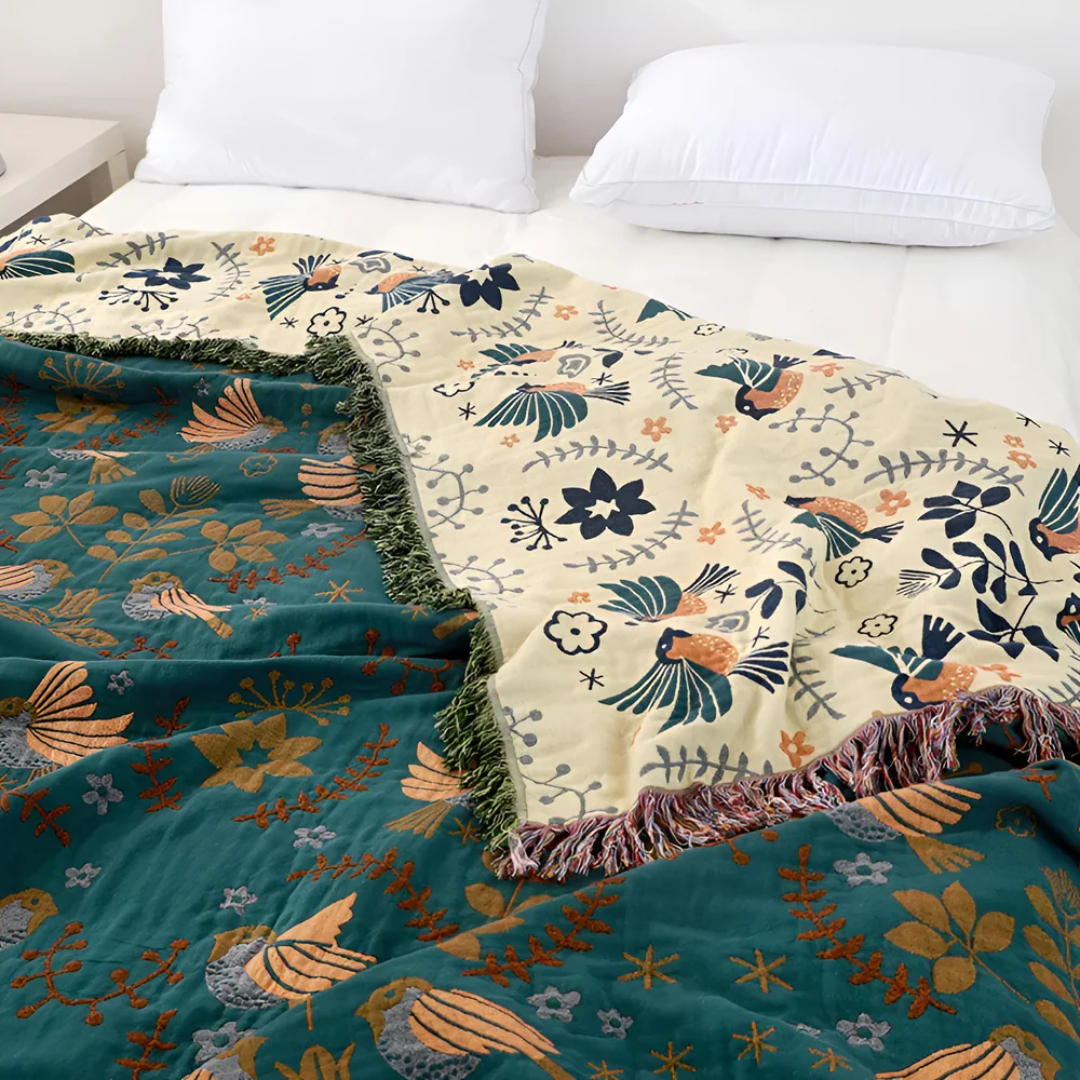 Embroidered Cotton Throw Blanket - Teal and Cream 2