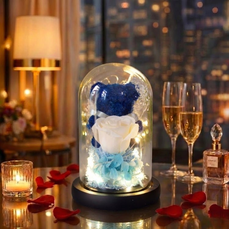 Lampe ourson et rose éternelle sous cloche en verre