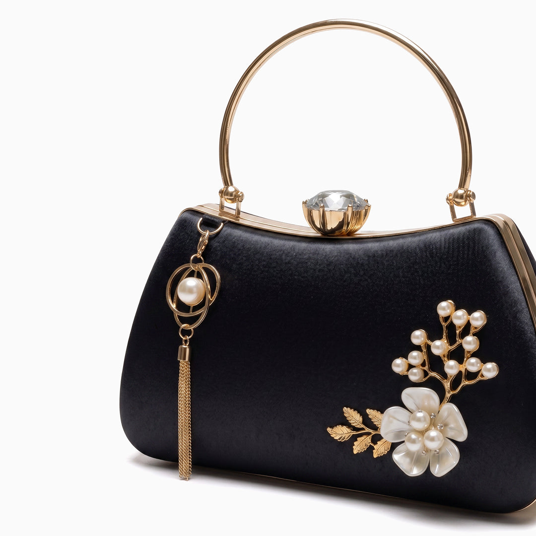 Pearl Flower Evening Bag with Gold Ring Handle