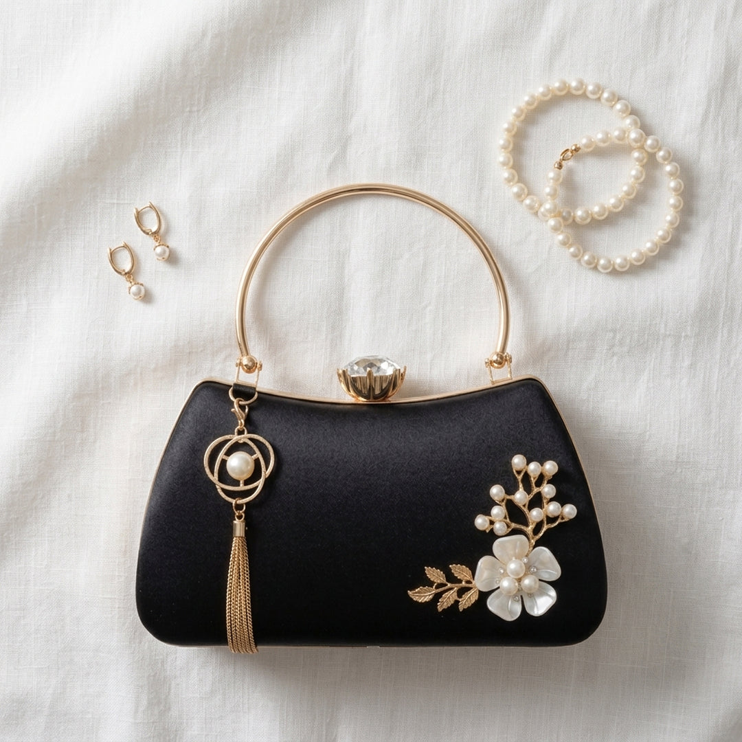 Pearl Flower Evening Bag with Gold Ring Handle