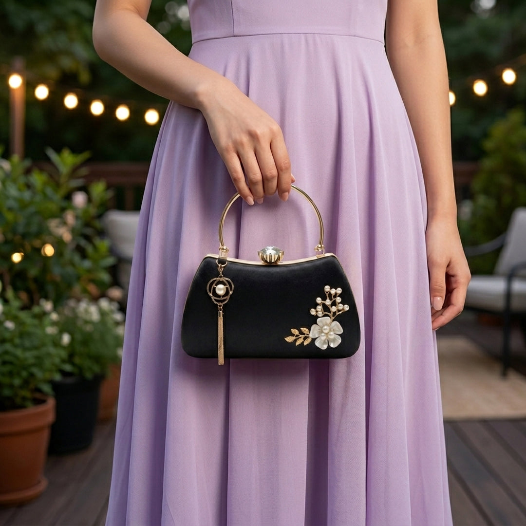 Pearl Flower Evening Bag with Gold Ring Handle