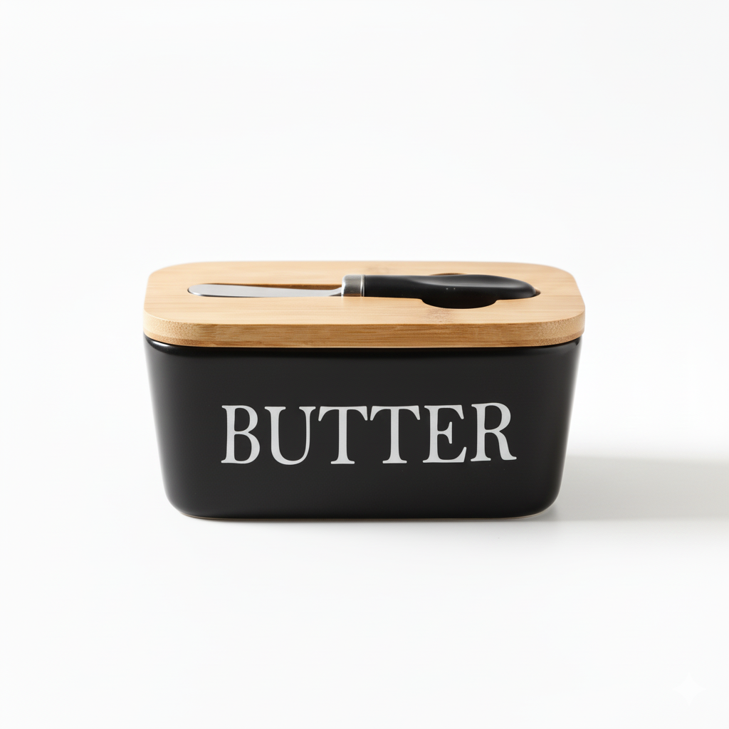 Ceramic and Bamboo Butter Dish with Knife