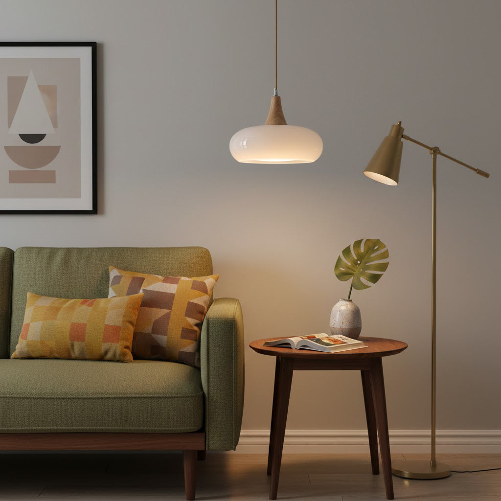 Glass & Wood Pendant Light - Retro Orange or Matte White 7