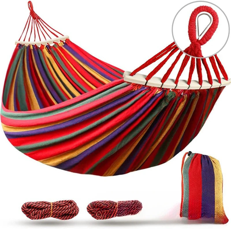 Hamac Double en Toile avec Barres en Bois | Élégance et Confort pour Détente en Plein Air