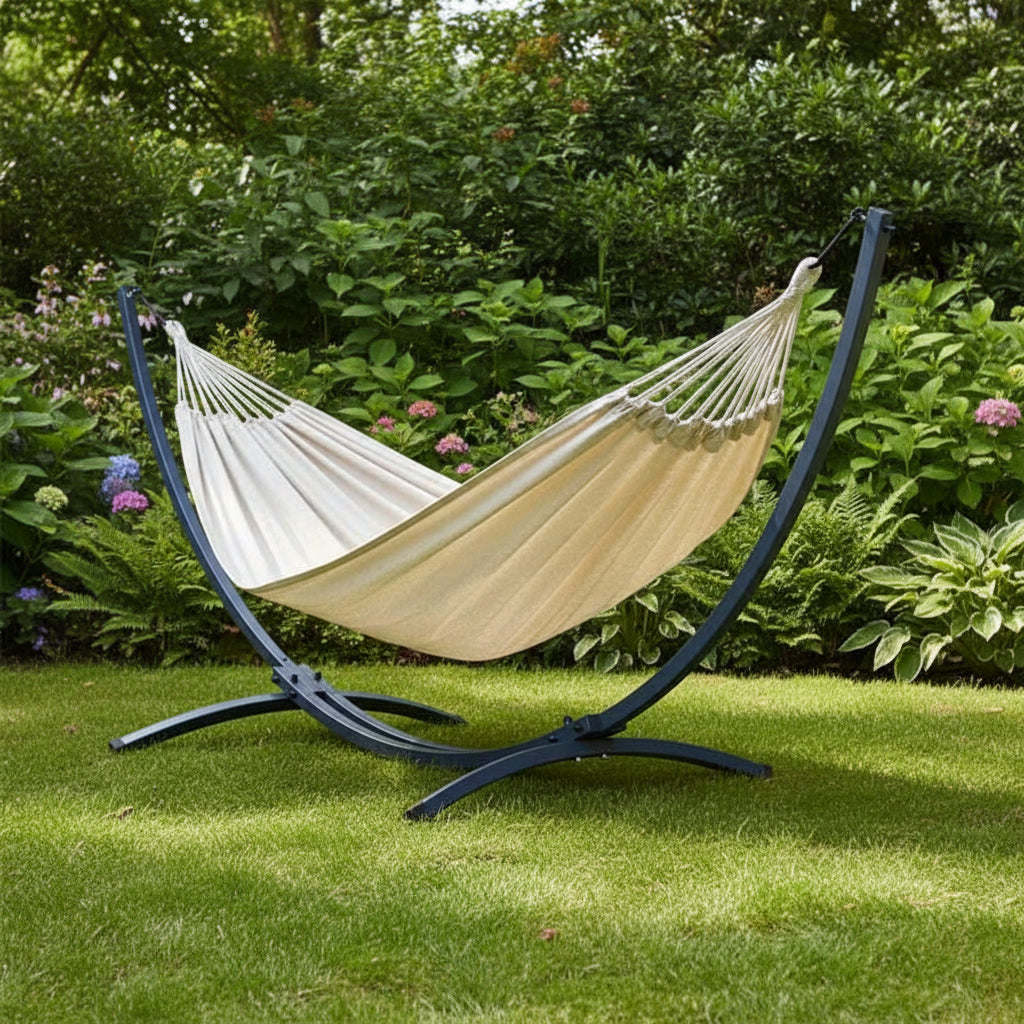 Hamac Double sur Pied en Coton Premium | Élégance et Confort pour Détente à Deux 0