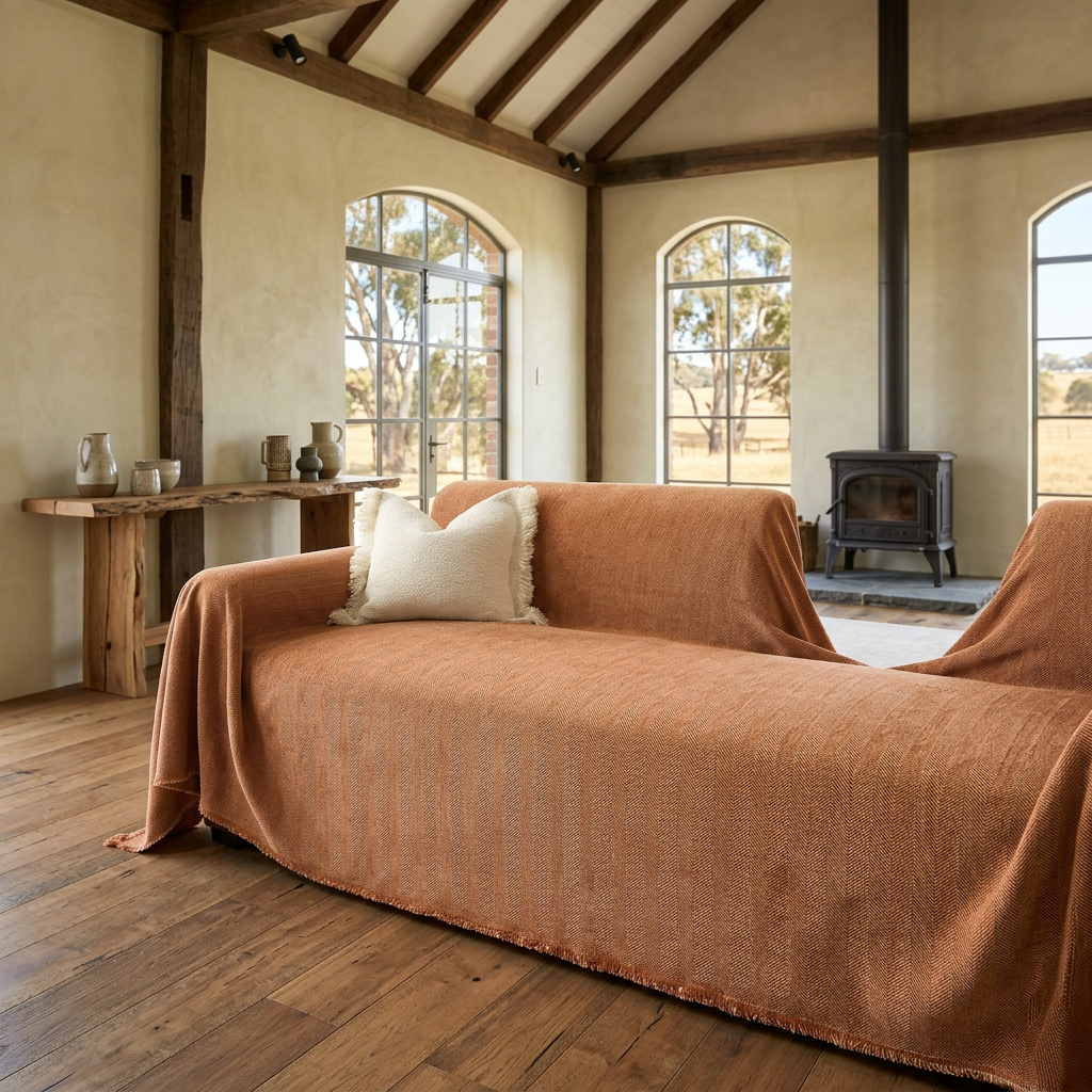 Herringbone Sofa Cover - Pet-Friendly Terracotta Fabric 4