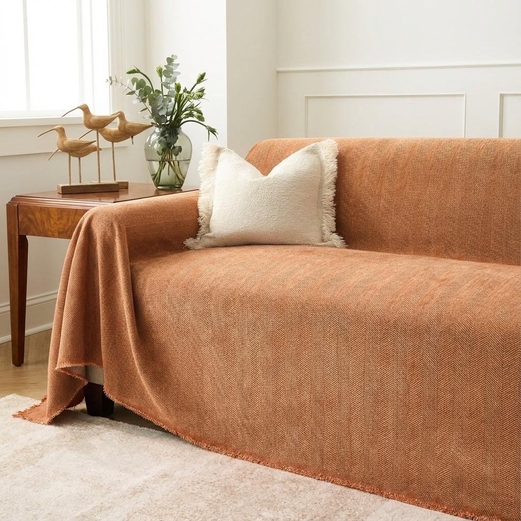 Herringbone Sofa Cover - Pet-Friendly Terracotta Fabric 6
