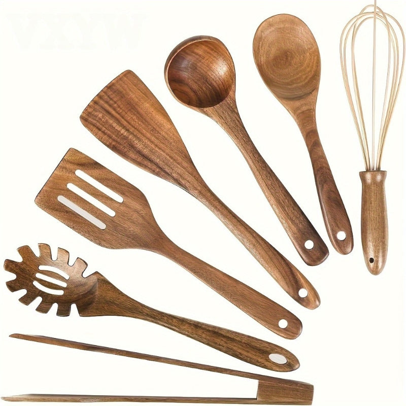 Lot de 7 ustensiles de cuisine en bois naturel