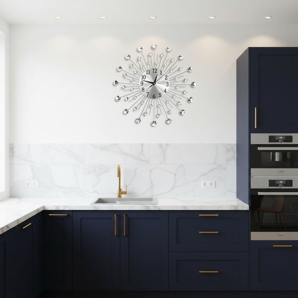 Horloge Murale Design en Métal Argenté avec Cristaux | Élégance Contemporaine pour un Intérieur Raffiné 1