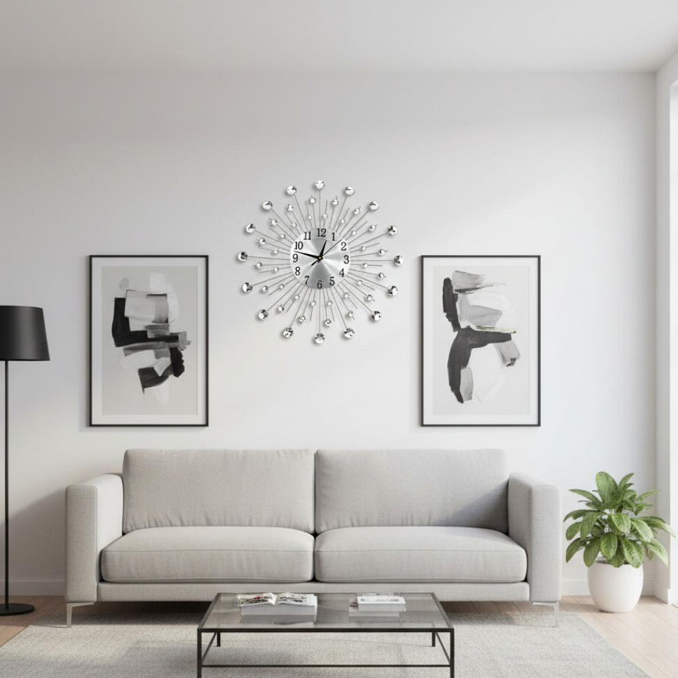 Horloge Murale Design en Métal Argenté avec Cristaux | Élégance Contemporaine pour un Intérieur Raffiné 2