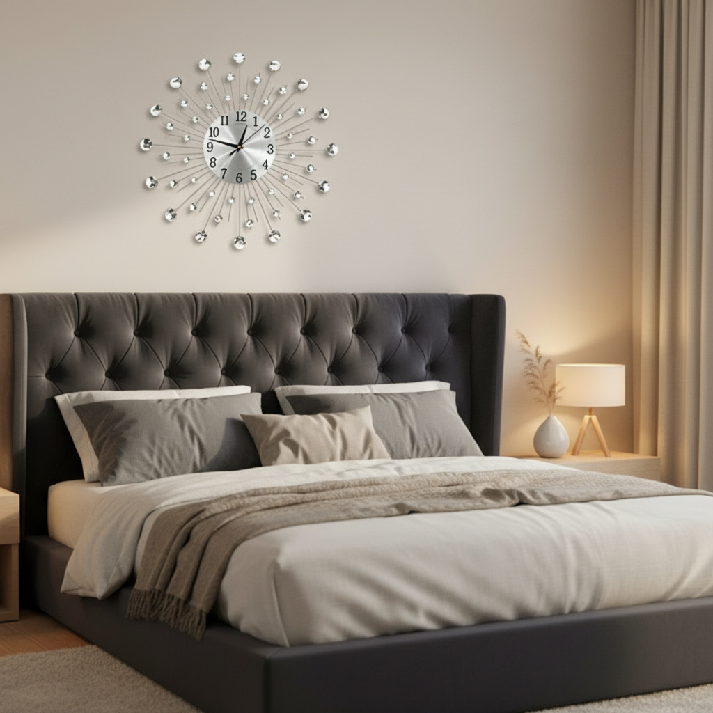 Horloge Murale Design en Métal Argenté avec Cristaux | Élégance Contemporaine pour un Intérieur Raffiné 3