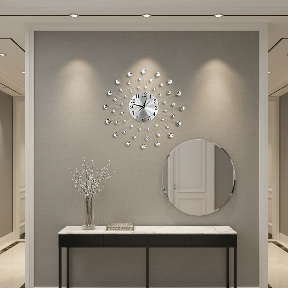Horloge Murale Design en Métal Argenté avec Cristaux | Élégance Contemporaine pour un Intérieur Raffiné 4