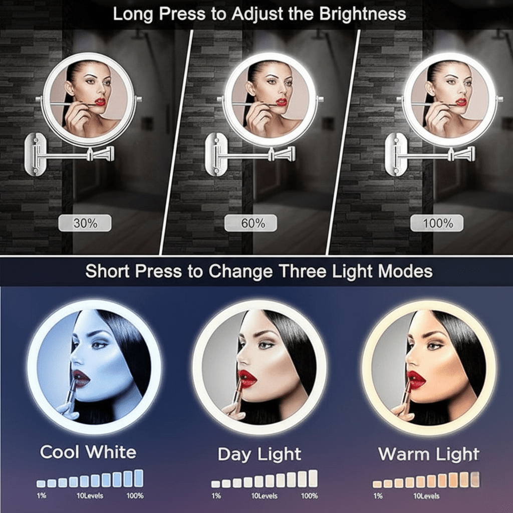 Miroir Cosmétique LED Rechargeable avec Éclairage Ajustable | Design Élégant pour un Maquillage Précis et Luxueux 5