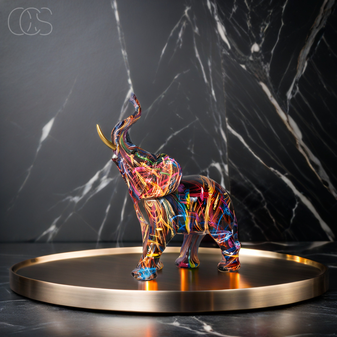 Figurine Éléphant Graffiti Abstrait avec Défenses Dorées
