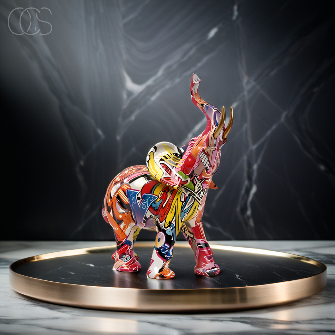 Figurine Éléphant Graffiti Abstrait avec Défenses Dorées
