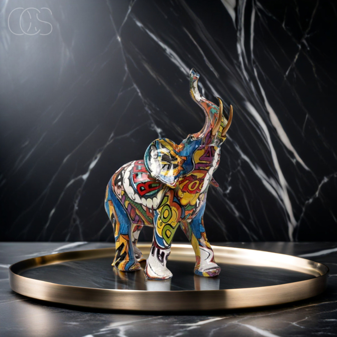 Figurine Éléphant Graffiti Abstrait avec Défenses Dorées