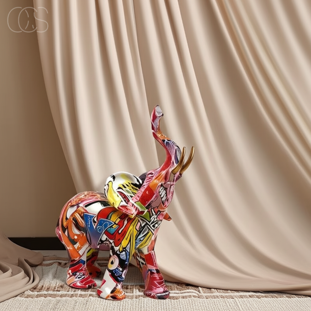 Figurine Éléphant Graffiti Abstrait avec Défenses Dorées