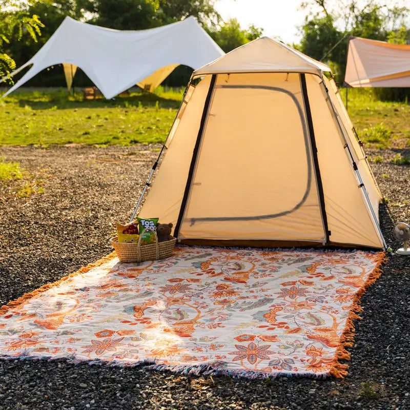 Plaid Fleuri Rustique Orange et Bleu 100% Coton