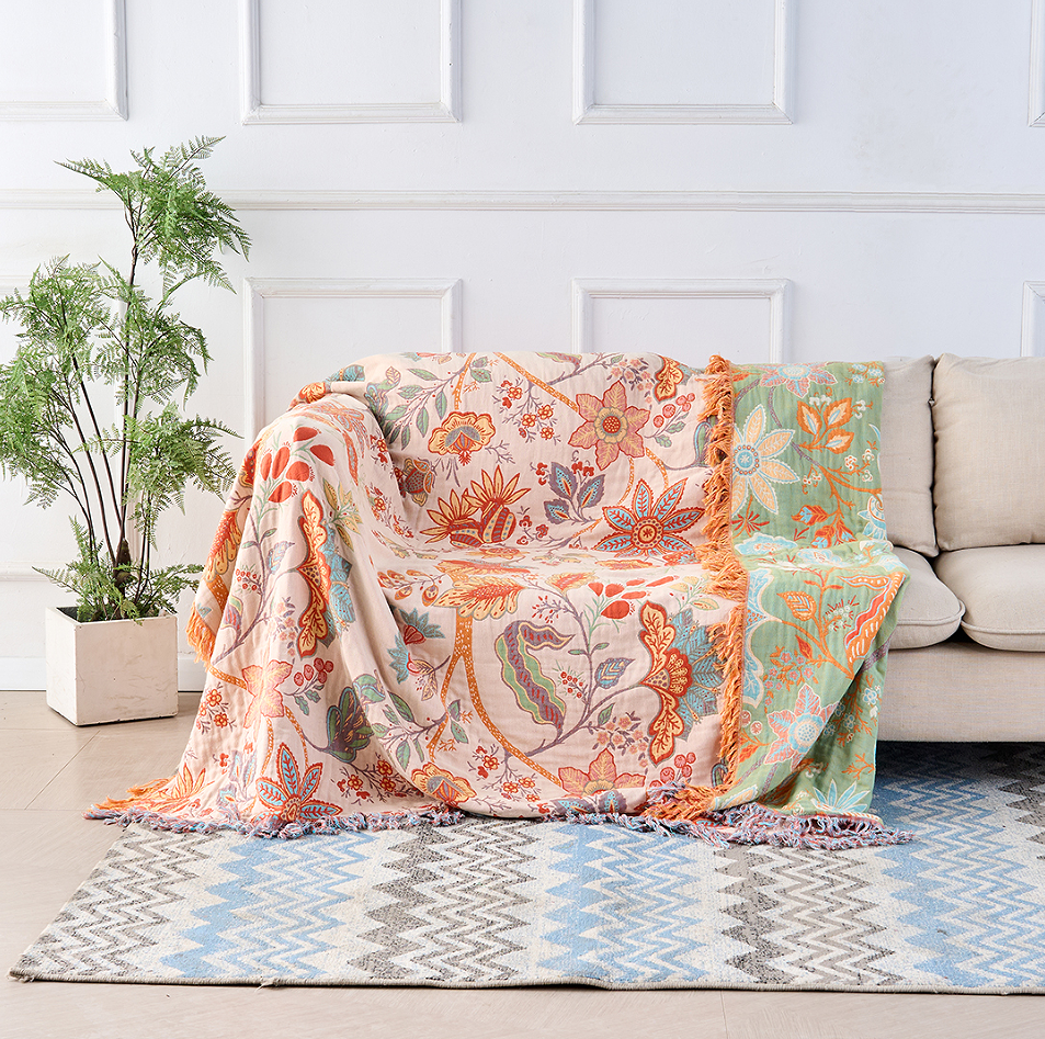 Plaid Fleuri Rustique Orange et Bleu 100% Coton