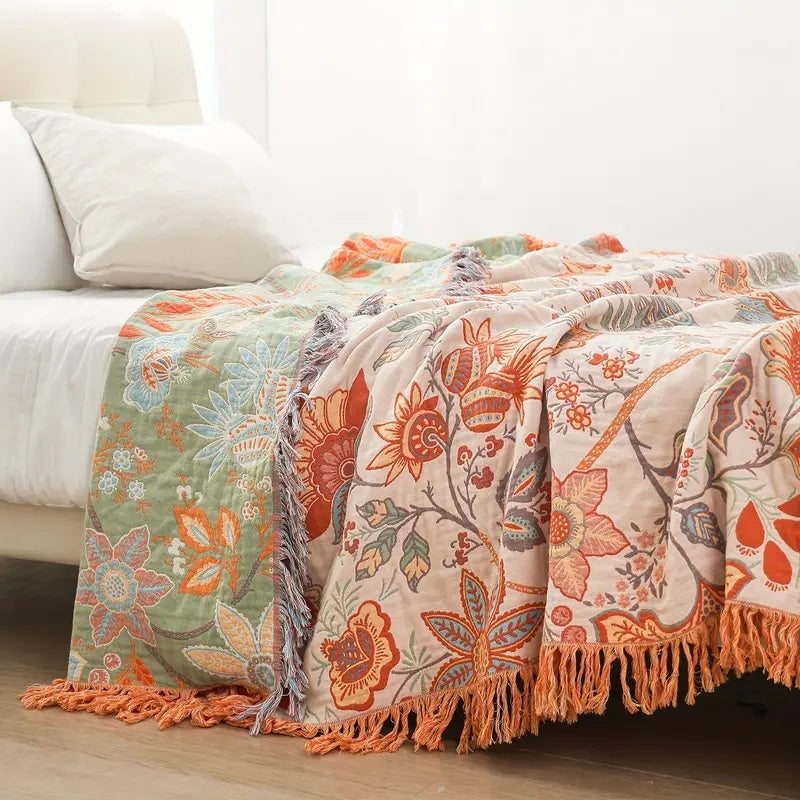 Plaid Fleuri Rustique Orange et Bleu 100% Coton