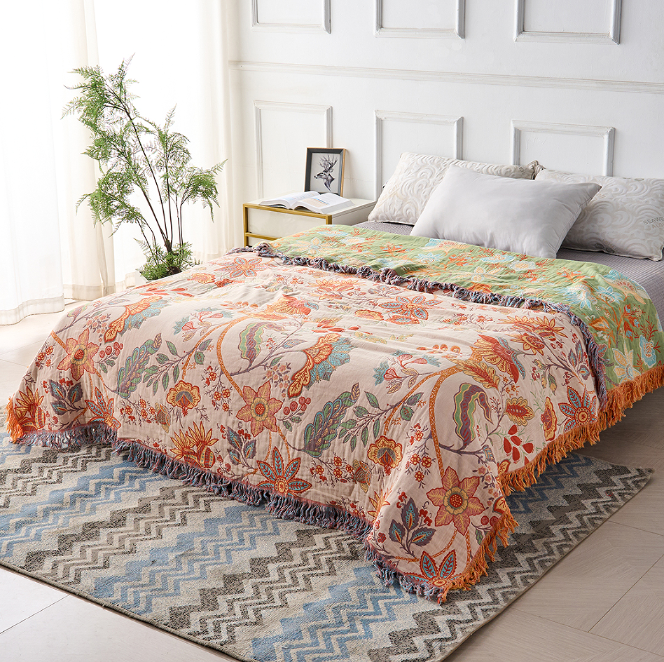 Plaid Fleuri Rustique Orange et Bleu 100% Coton