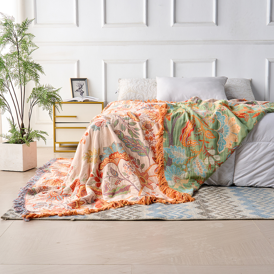 Plaid Fleuri Rustique Orange et Bleu 100% Coton