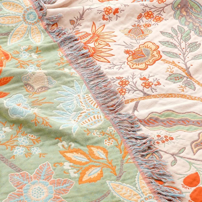 Plaid Fleuri Rustique Orange et Bleu 100% Coton