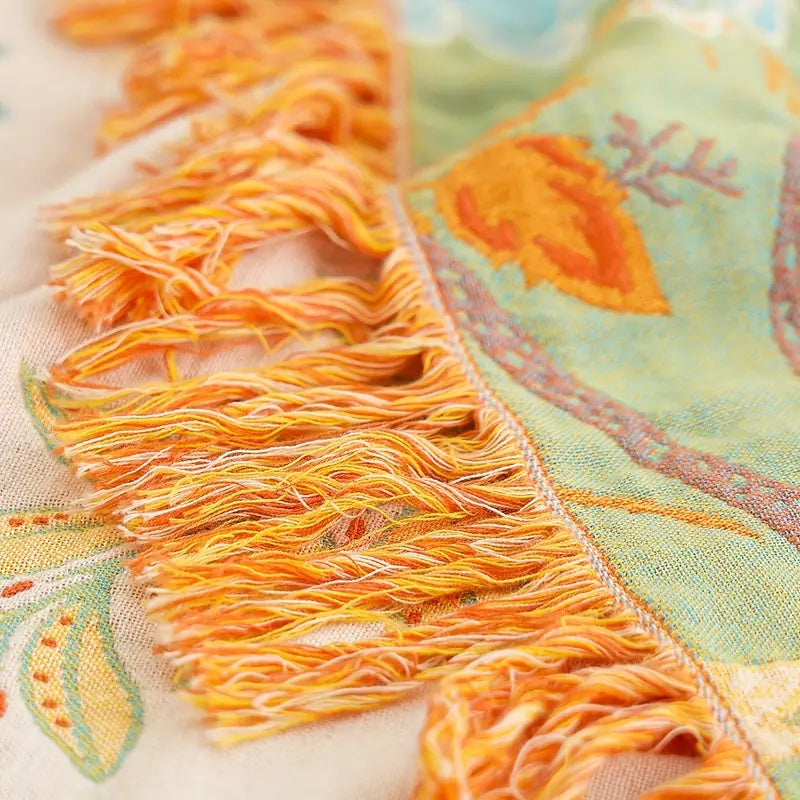 Plaid Fleuri Rustique Orange et Bleu 100% Coton