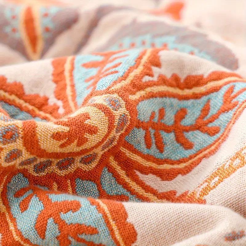 Plaid Fleuri Rustique Orange et Bleu 100% Coton
