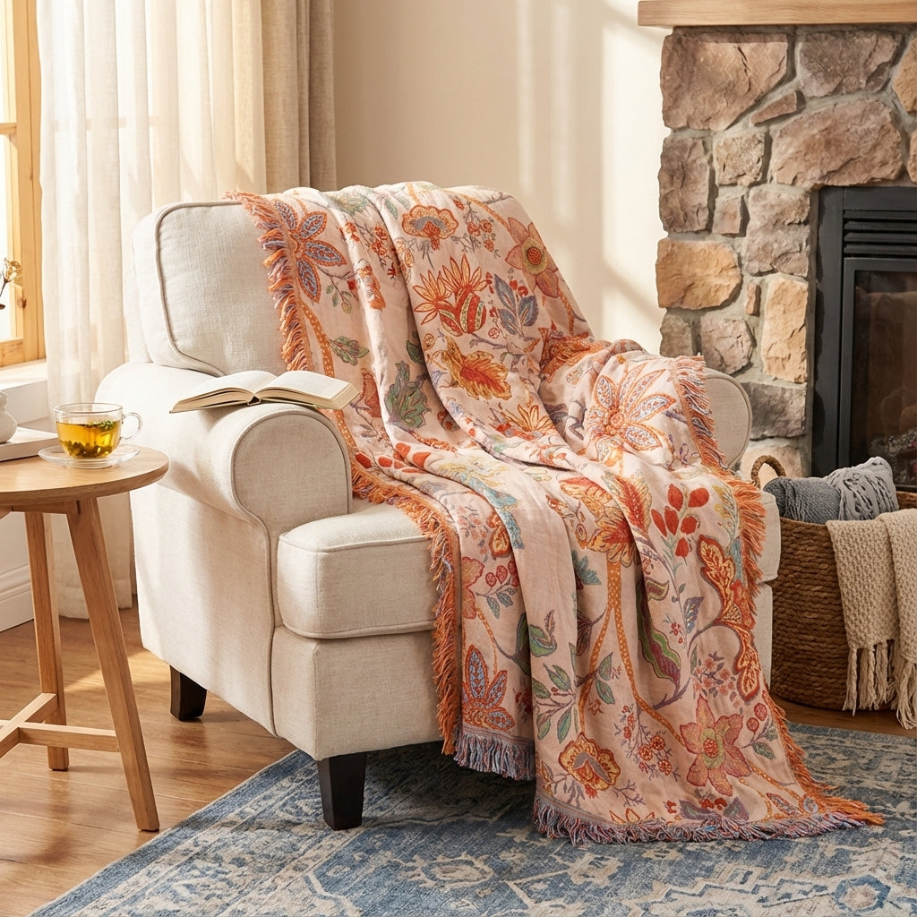 Plaid Fleuri Rustique Orange et Bleu 100% Coton