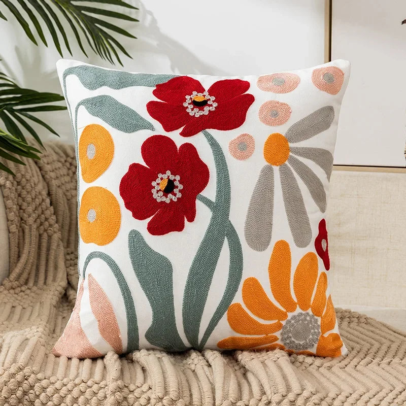 Housse de coussin brodée fleurs, style campagne